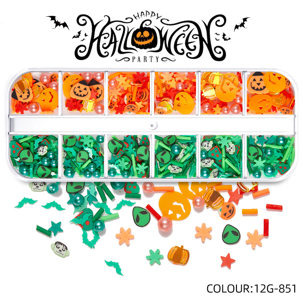 【Halloween Slices Series】Skull Spider Pumpkin Bat Ghost Witch Shape Polymer Clay Slices for Acrylic Nails Design Halloween Party Decor
