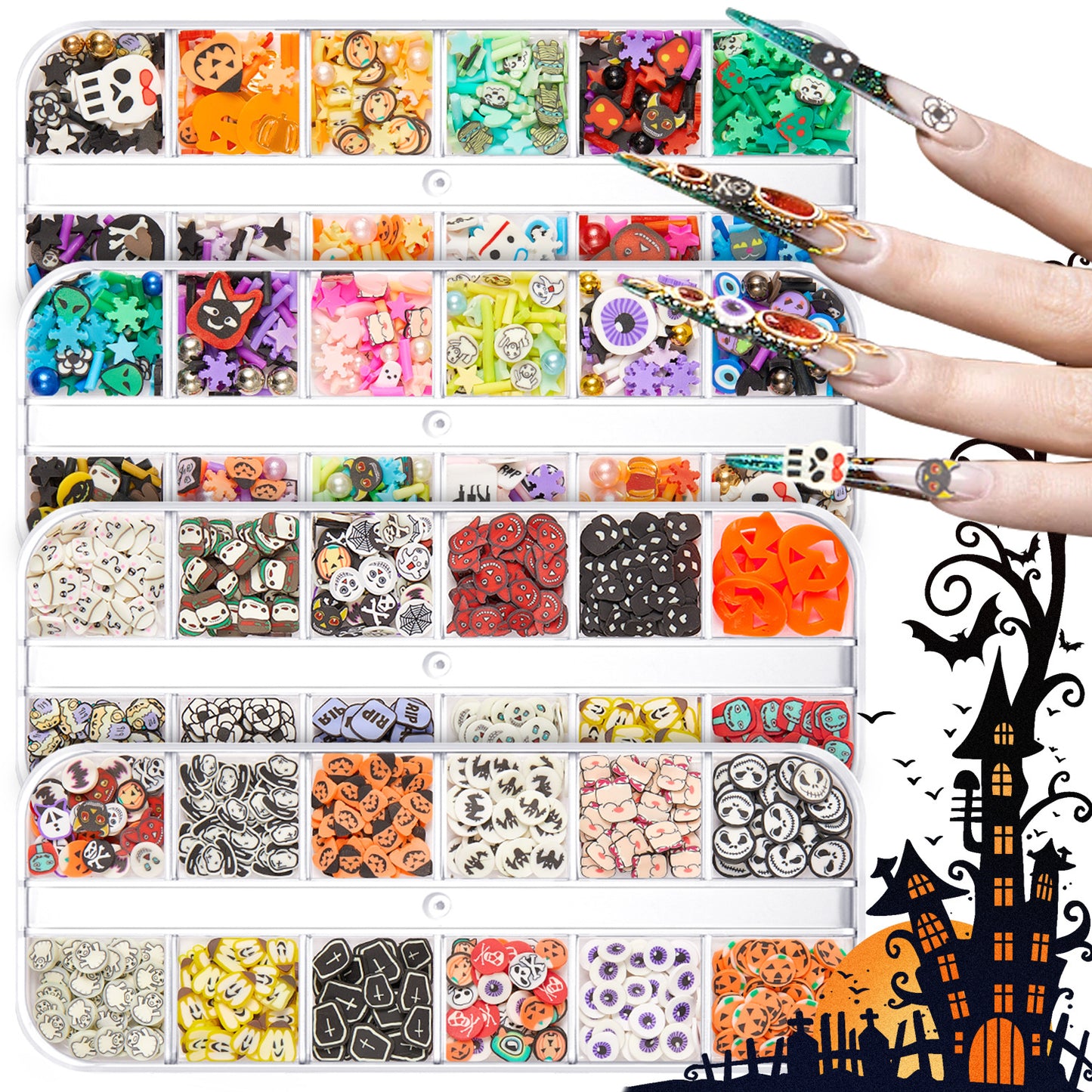 【Halloween Slices Series】Skull Spider Pumpkin Bat Ghost Witch Shape Polymer Clay Slices for Acrylic Nails Design Halloween Party Decor