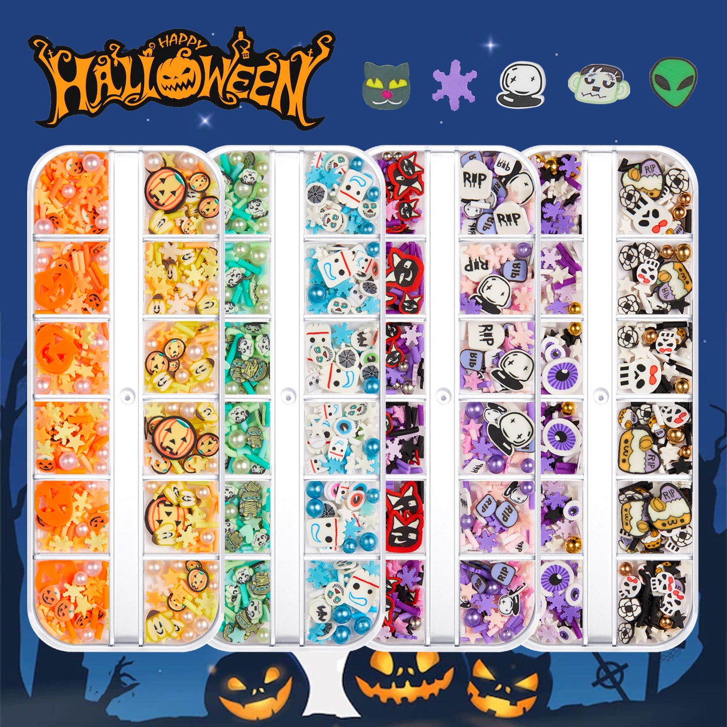 【Halloween Slices Series】Skull Spider Pumpkin Bat Ghost Witch Shape Polymer Clay Slices for Acrylic Nails Design Halloween Party Decor