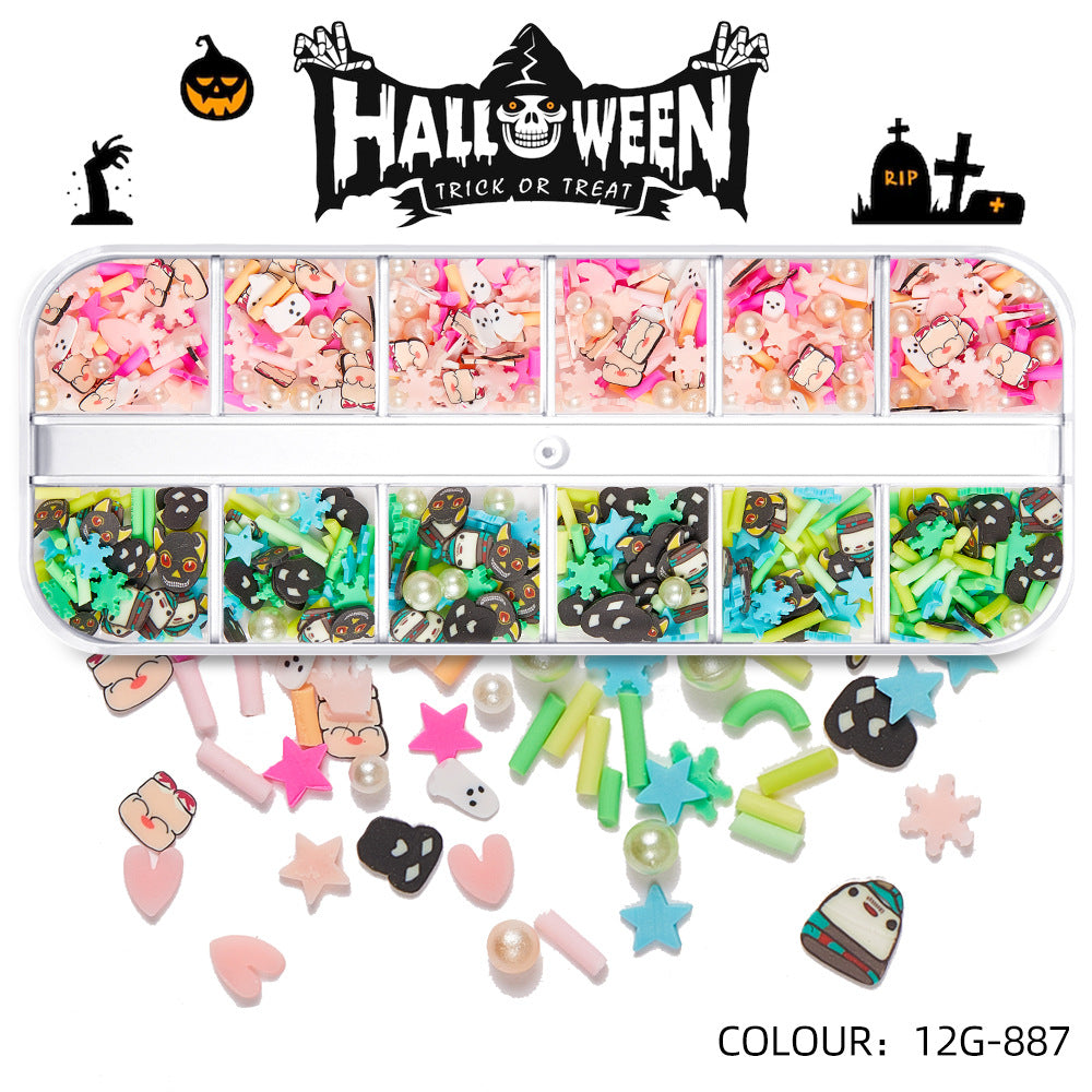 【Halloween Slices Series】Skull Spider Pumpkin Bat Ghost Witch Shape Polymer Clay Slices for Acrylic Nails Design Halloween Party Decor