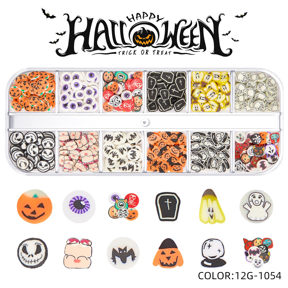 【Halloween Slices Series】Skull Spider Pumpkin Bat Ghost Witch Shape Polymer Clay Slices for Acrylic Nails Design Halloween Party Decor