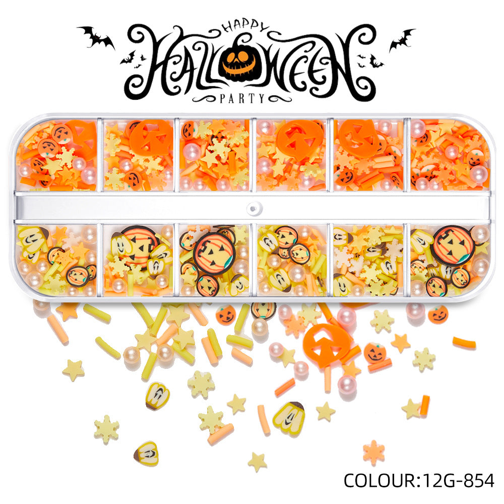 【Halloween Slices Series】Skull Spider Pumpkin Bat Ghost Witch Shape Polymer Clay Slices for Acrylic Nails Design Halloween Party Decor