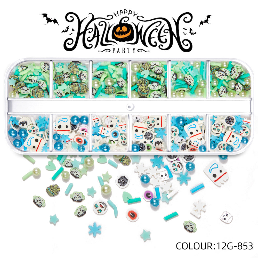 【Halloween Slices Series】Skull Spider Pumpkin Bat Ghost Witch Shape Polymer Clay Slices for Acrylic Nails Design Halloween Party Decor