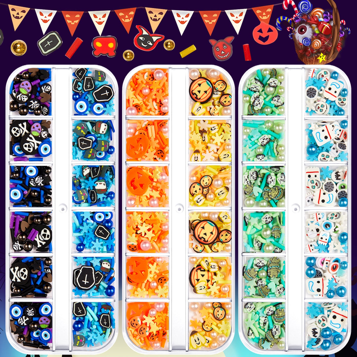 【Halloween Slices Series】Skull Spider Pumpkin Bat Ghost Witch Shape Polymer Clay Slices for Acrylic Nails Design Halloween Party Decor