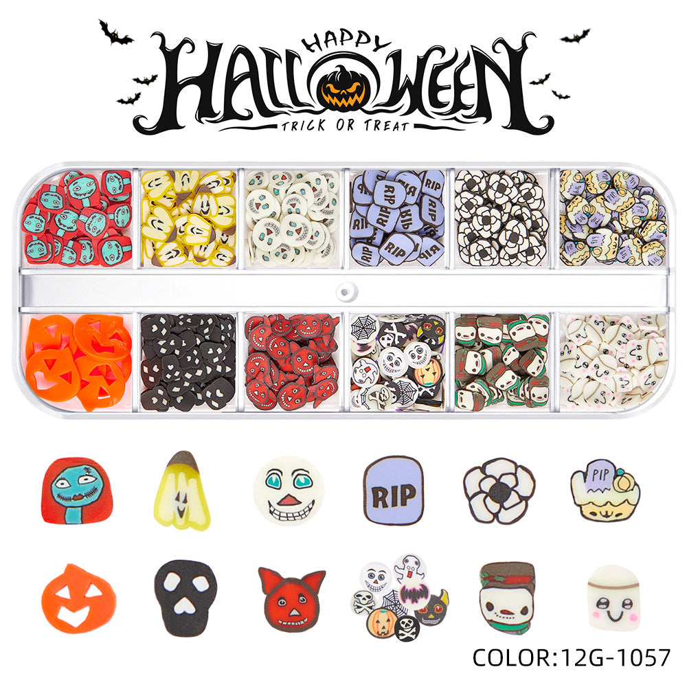 【Halloween Slices Series】Skull Spider Pumpkin Bat Ghost Witch Shape Polymer Clay Slices for Acrylic Nails Design Halloween Party Decor