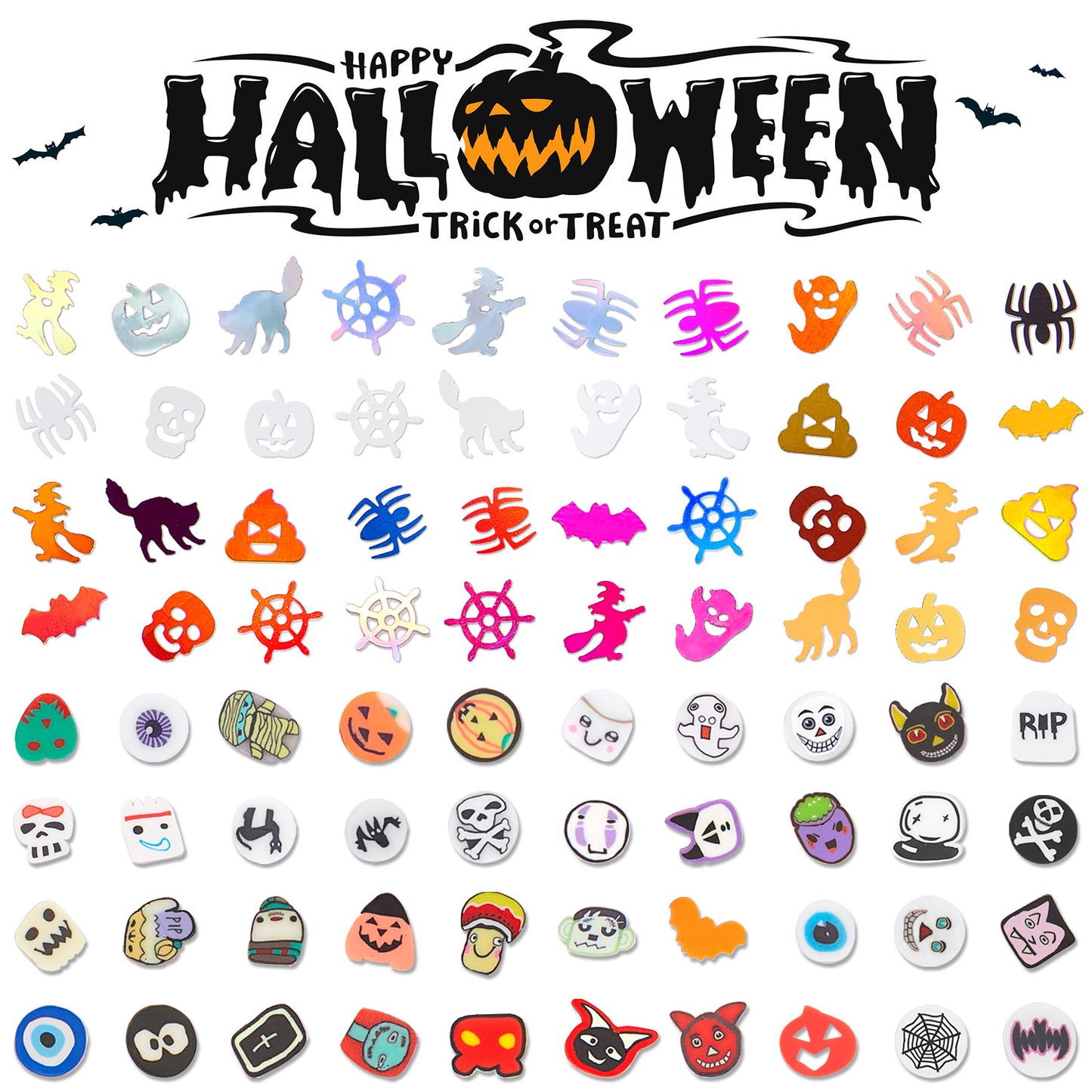 【Halloween Slices Series】Skull Spider Pumpkin Bat Ghost Witch Shape Polymer Clay Slices for Acrylic Nails Design Halloween Party Decor