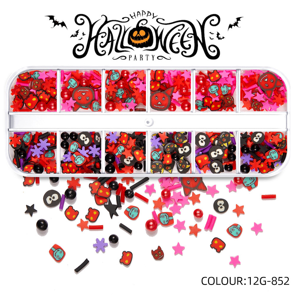 【Halloween Slices Series】Skull Spider Pumpkin Bat Ghost Witch Shape Polymer Clay Slices for Acrylic Nails Design Halloween Party Decor