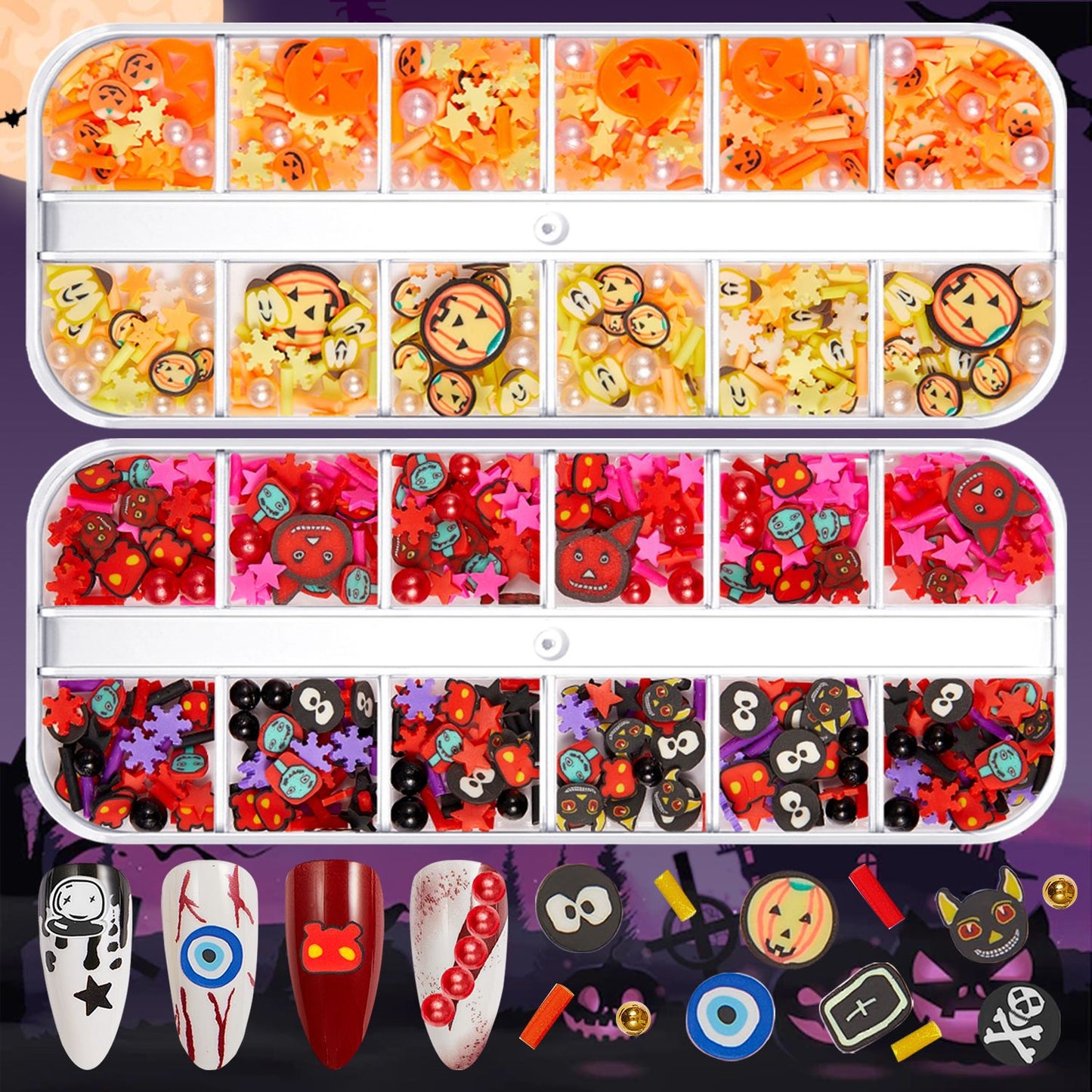 【Halloween Slices Series】Skull Spider Pumpkin Bat Ghost Witch Shape Polymer Clay Slices for Acrylic Nails Design Halloween Party Decor