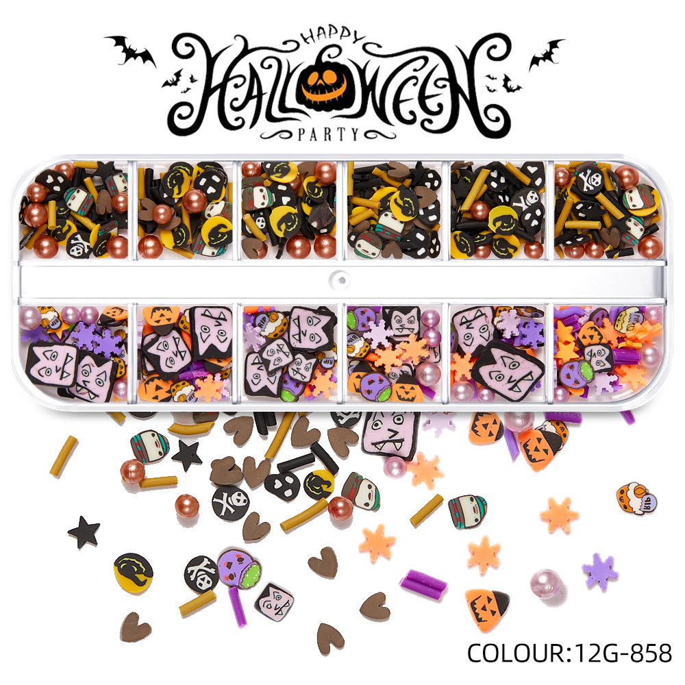 【Halloween Slices Series】Skull Spider Pumpkin Bat Ghost Witch Shape Polymer Clay Slices for Acrylic Nails Design Halloween Party Decor