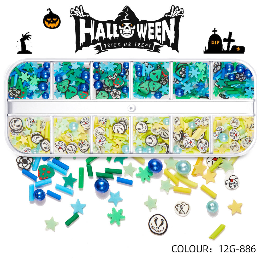【Halloween Slices Series】Skull Spider Pumpkin Bat Ghost Witch Shape Polymer Clay Slices for Acrylic Nails Design Halloween Party Decor