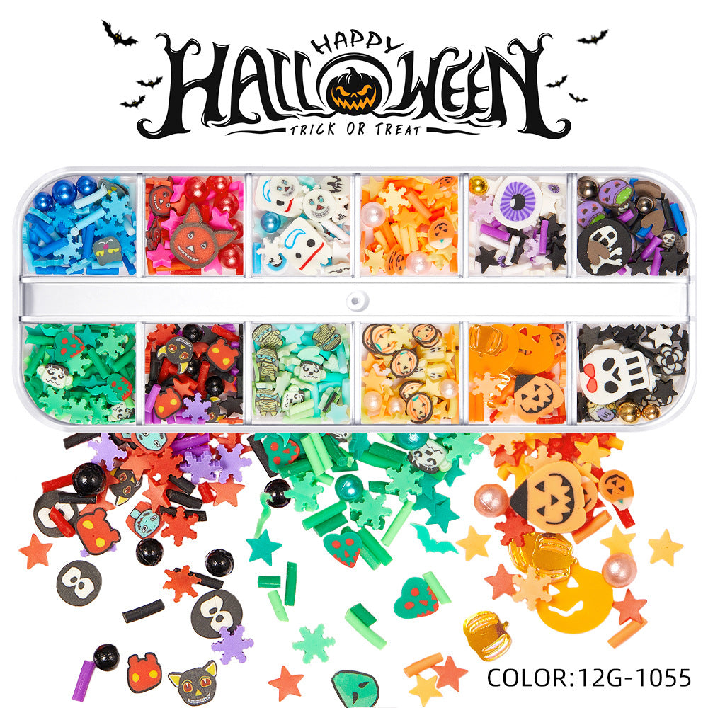 【Halloween Slices Series】Skull Spider Pumpkin Bat Ghost Witch Shape Polymer Clay Slices for Acrylic Nails Design Halloween Party Decor
